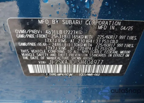 2025 Subaru Forester Wilderness из США, поврежденный, VIN JF2SKAJC8SH404977